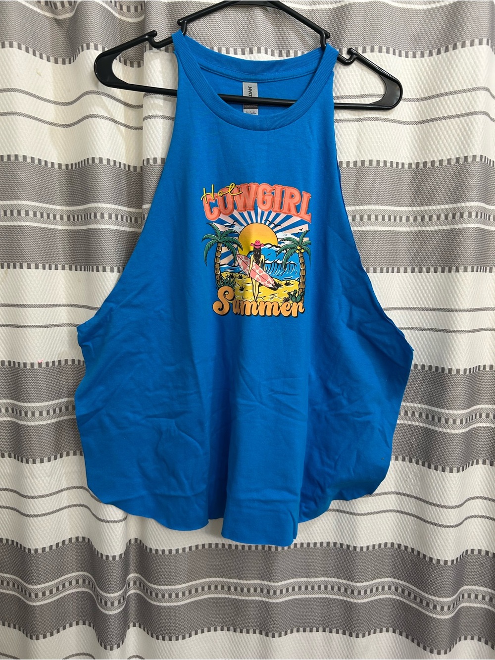 New Gildan Blue Tank Top with Multicolor 'Cowgirl Summer' Graphic size XL
